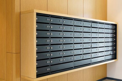 Black Mailboxes, Residential Building Entrance, Apartment Mailboxes, Office Mailboxes, Condo Lobby, Black Mailbox, Apartment Lobby, Mail Room, Lobby Ideas