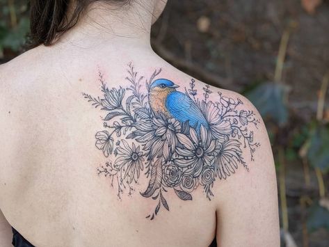 Bluebird Shoulder Tattoo, Bird Tattoo Shoulder Back, Blue Bird Tattoo, Bluebird Tattoo, Shoulder Cap Tattoo, Daffodil Tattoo, Tattoo Shading, Back Of Shoulder Tattoo, Cover Up Tattoo