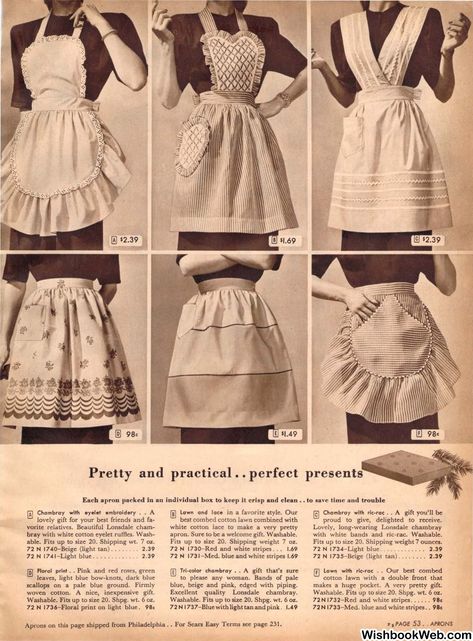 1940s Fashion: Vintage Aprons. Pretty & Practical perfect presents. Vintage Catalog page from the 1946 Search Christmas Wish Book #1940s #1940sfashion #sears #aprons #1940sstyle 1950s Housewife Fashion, Sears Christmas Catalog, Housewife Dress, Vintage Catalog, Fashion Apron, Vintage Aprons, Vintage Housewife, Fashion 1940s, Apron Sewing Pattern