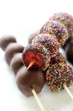 Chocolate-Covered Strawberries On A Stick (Dairy-Free) | Strength and Sunshine @RebeccaGF666 What's better than a chocolate-covered strawberry? Chocolate Covered Strawberries on a Stick! Turn the classic chocolate treat into a fun, fruity, handheld dessert, fit for any celebration! This quick & easy skewer recipe is gluten-free, vegan, allergy-free, and paleo with just 2 ingredients. A perfect kid-friendly way to decorate, serve, and eat! #chocolatecoveredstrawberries #nobake #easydessert Strawberries On A Stick, Easy Skewers, Lady Cake, Chocolate Covered Strawberry Recipe, Chocolate Photos, Chocolate Covered Fruit, Covered Strawberry, Chocolate Covered Strawberry, Skewer Recipes