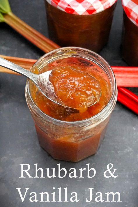 An open jar of orangey-pink coloured jam viewed from above with a spoonful of jam being taken out. Behind can be seen red and green sticks of rhubarb and two more jars of jam with their red and white gingham patterned lids on. Rhubarb Vanilla Jam, Vanilla Jam, Rhubarb Jam, Rhubarb And Custard, Jam Recipe, How To Make Jam, Bread Butter, Bread And Butter, Jams & Jellies