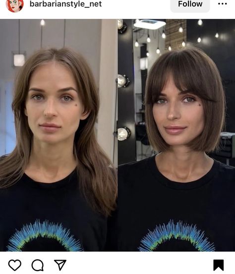 Lob Fringe Bangs, Before And After Lob Haircut, Lob Before And After, Long To Bob Before And After, Brown Bob With Fringe, Bob Vs Long Hair, Bob With Bangs Straight Hair, Medium Length Haircut With Fringe, Long Vs Short Hair Before And After