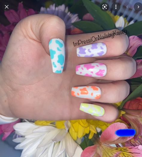 Cow Print Acrylic Nails, Pastel Cow Print, Cow Print Nails, Nail Signs, Nails Hand Painted, Medium Coffin, Cow Nails, Retro Nails, Spring Acrylic Nails