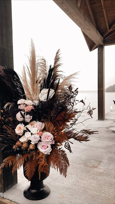 Wedding planter, dark, edgy, glamorous Black Boho Floral Arrangement, Dark Flowers For Wedding, Dark Tones Wedding, Dark Fall Flower Arrangements, Moody Dried Floral Arrangements, Speakeasy Wedding Flowers, Masculine Wedding Florals, Black Wedding Floral Arrangements, Moody Wedding Arch Ideas