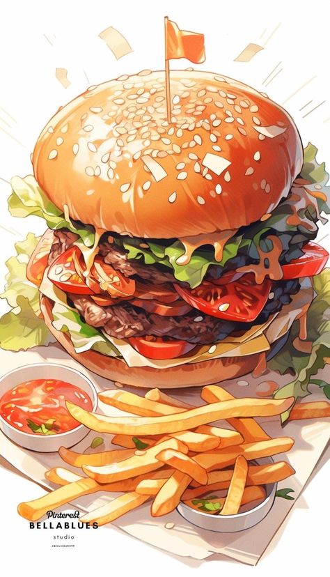 Fries Illustration, Toxic Off, Foodie Art, Food Artwork, Food Illustration Art, Food Fantasy, Watercolor Food, Video Tiktok, Cute Food Art