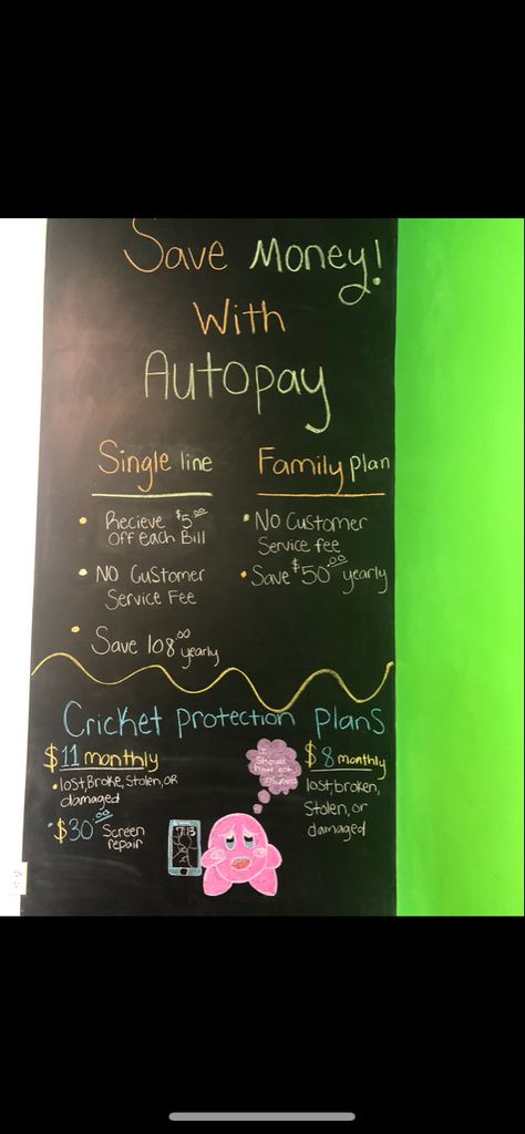 #kirby #chalkart Cricket Wireless Chalkboard Ideas, Cricket Wireless, Family Plan, Chalkboard Art, Chalk Art, Art Boards, Saving Money, Chalkboard, Chalk