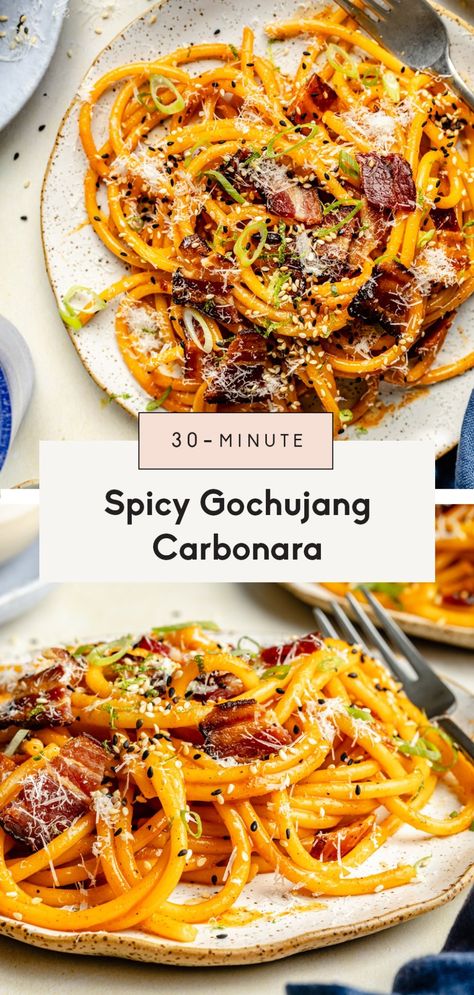 Flavorful gochujang carbonara made with simple ingredients in just 30 minutes. This delicious take on traditional pasta carbonara has a wonderful kick of heat from the gochujang, plus the luxurious creaminess that you know and love! Fun and easy comfort food that's guaranteed to impress. Gochujang Carbonara, Gochujang Pasta, Pasta Carbonara Recipe, Traditional Pasta, Ambitious Kitchen, Carbonara Recipe, Pasta Carbonara, Carbonara Pasta, Lemon Pasta