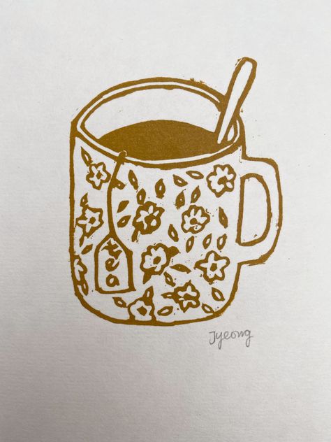 Tea Cup Drawing, Coffee Cup Tattoo, Block Print Art, Tea Tattoo, Teacup Tattoo, Mug Drawing, Cup Tattoo, Happy Juice, History Tattoos