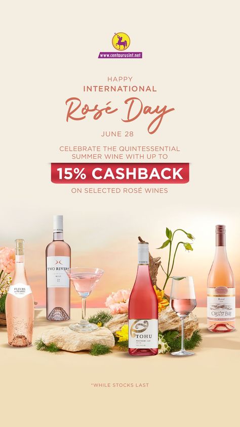 🍷🎉 It's International Rosé Day! 🍇✨ Indulge in your favourite summer wine with up to 15% CASHBACK 💸 on selected Rosé wines. 🍾🌸 It's time to sip and celebrate. 🥂 Don't miss out, and make the most of this fantastic deal. 🎊 Hurry, it's for a limited time only! ⏳🚀  Shop Now! 🛒  💳 NO LICENSE REQUIRED.   #centaurusinternational #dubaidrinks #mydubai #RAK #dubaiparty #dubaiparties #dubailiquorstore #dubailife #internationalroseday #rosewine #cashback #rosewineoffers #winedeals #winesdubai International Wine Day, Organic Drinks, Wine Ideas, Summer Wines, Dubai Life, Pinot Grigio, Wine Cocktails, Liquor Store, Email Design