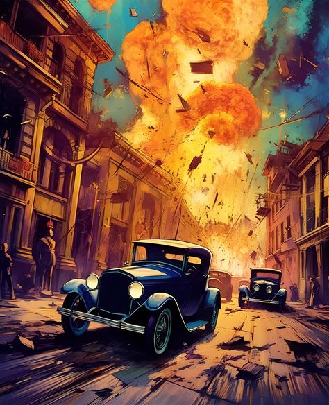 Download this image for Free on Zwin.io Car Chase Illustration, Car Chase Scene, Gold And Dark Blue, 1920s Car, Car Chase, Mike Deodato, Toy Photography, German Expressionism, Art Traditional