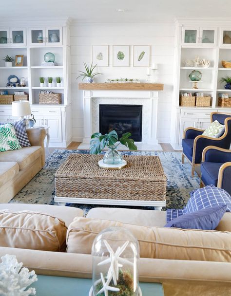 Shiplap Fireplace Wall Coastal Living Room Ideas, Coastal Style Living Room, Coastal Decorating Living Room, Shiplap Fireplace, Coastal Living Rooms, Coastal Kitchen, Layered Rugs, Coastal Living Room, Fireplace Makeover