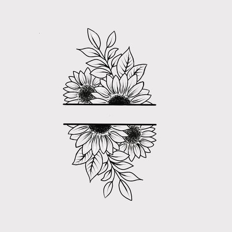 Boyfriend Memorial Tattoo Ideas, Split Flower Tattoo, Sunflower Tattoo Outline Drawing, Boho Sunflower Tattoo, Small Tattoo Floral, Sunflower Sister Tattoo, Sunflower Cuff Tattoo, Sunflower Flash Tattoo, Unique Flower Tattoos For Women