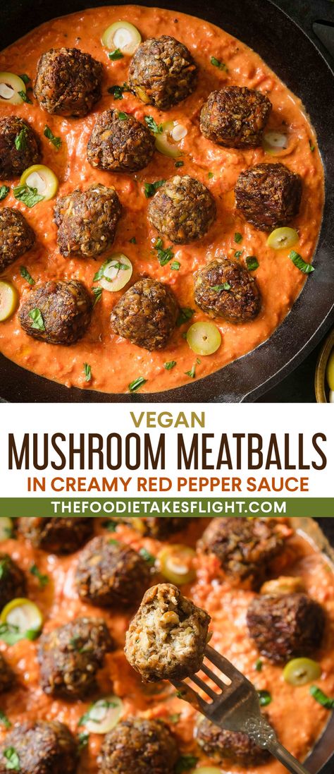 Mushroom Meatballs Recipes, Mushroom Balls, Creamy Red Pepper Sauce, Gf Ideas, Mushroom Meatballs, Healthy Main Meals, Metabolism Foods, Vegetarian Meatballs, Lazy Vegan