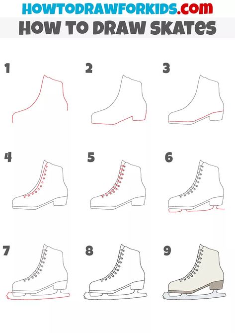 Ice Skates Drawing Easy, Ice Skating Drawing Easy, How To Draw Ice Skates, How To Draw A Skateboard, Ice Skating Doodle, Ice Skates Drawing, Ice Skater Drawing, Ice Skating Drawing, Skates Drawing