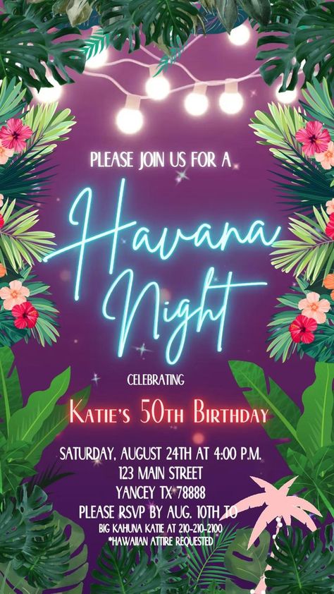 Cuban Birthday Party Ideas, Hawaiian Party Invitations, Havanna Nights Party, Havana Nights Party Theme, Havana Nights Theme, Havana Party, Havana Style, Cuban Party, Bbq Birthday Party