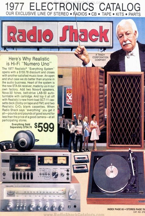 Flip through the 1977 Radio Shack catalog containing vintage: radios, stereo systems, tape players, CB radios, walkie-talkies, scanners, headphones, telephones, electronics, test equipment & more! Cb Radios, Stereo Systems, Radio Shack, Technology Tools, Corporate Videos, Old Radios, Shop Layout, Retro Advertising, Home Technology