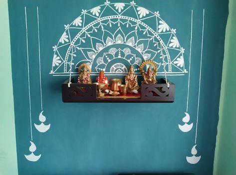 Pooja Room Painting Ideas Indian, Wall Painting Ideas For Mandir, Pooja Room Painting Ideas, Mandir Wall Painting, Indian Mural Wall Art, Wall Painting Indian, Mandir Painting, Wall Painting Ideas Creative, Simple Wall Paintings