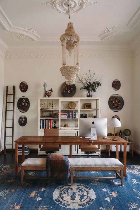 Home Library Wall, Cabin Addition, Dreamy Interiors, Barcelona Apartment, Library Wall, Iron Chair, Spanish Design, Brick Colors, Work Spaces