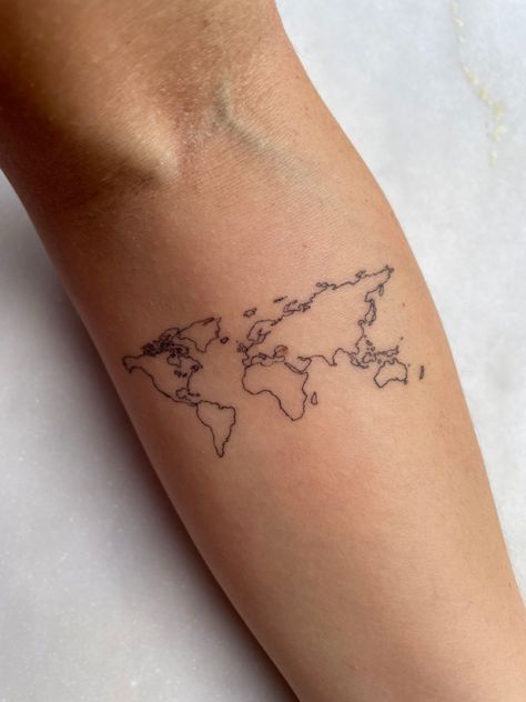 World Map Tattoo Fill In Travel, World Map Tattoo Minimalist, World Map Fine Line Tattoo, World Outline Tattoo, World Map Outline Tattoo, 7 Continents Tattoo, Fine Line Globe Tattoo, Map Of World Tattoo, Globe Tattoos For Women