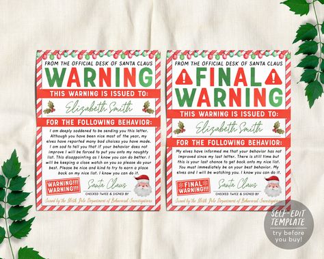 Santa Warning Letter, Elf Warning, Behavior Report, Elf Surveillance, Elf Shenanigans, Bad Elf, Pole Nord, Christmas Worksheets, I Feel Free