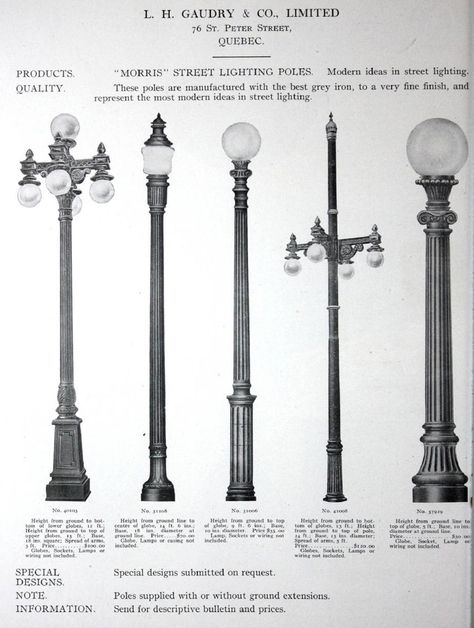 L.H. Gaudry & Co cast iron street lights. Quebec. 1914 Lamppost Aesthetic, Muji Kitchen, Outdoor Lamp Posts, Best Home Design, Lamp Posts, Rustic Barn Door, City Drawing, Art Deco Buildings, Bourbon Street