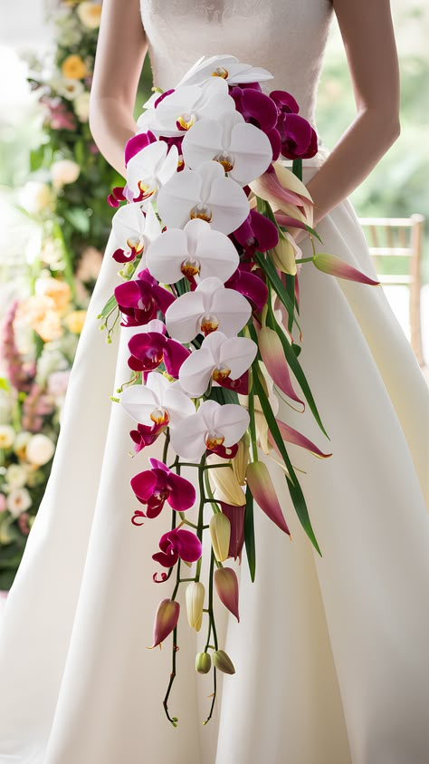 20 Orchid Wedding Bouquets: Stunning Inspirations Exotic Bouquet, Orchid And Lily Bouquet, Hydrengas Bouquet Ideas, Orchid Wedding Color Scheme, Bouquet Wedding Orchid, Bouquets Ideas, Orchid Aisle Decor, Waterfall Bouquet Wedding Cascading Flowers, Waterfall Bouquet