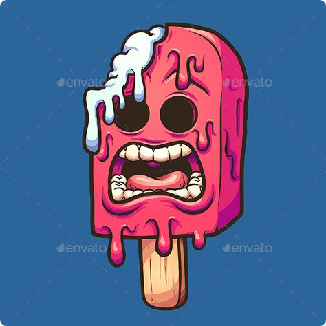 Melting zombie ice popsicle. Vector clip art illustration with simple gradients. Illustration and blue background on separate laye Melting Popsicle Art, Melting Popsicle Drawing, Melting Art Drawing, Melting Character, Popsicle Cartoon, Melting Drawing, Popsicle Drawing, Melting Art, Cartoon Zombie