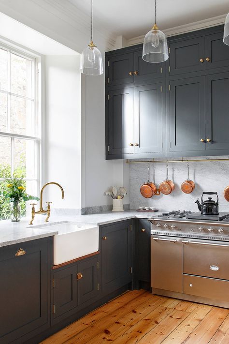 Blue and gold is a dream combination.🔷 We love these modern country kitchen vibes, fit with minimalist pendant lights and gold accents.  - 📸: Sculleries of Stockbridge #rosegold #rosegoldkitchen #moderndecor Modern Earthy Kitchen, Lacanche Range, Blue Gray Kitchen Cabinets, Light Grey Kitchen, Charcoal Kitchen, Dark Grey Kitchen Cabinets, Light Grey Kitchen Cabinets, Dark Gray Kitchen Cabinets, Earthy Kitchen