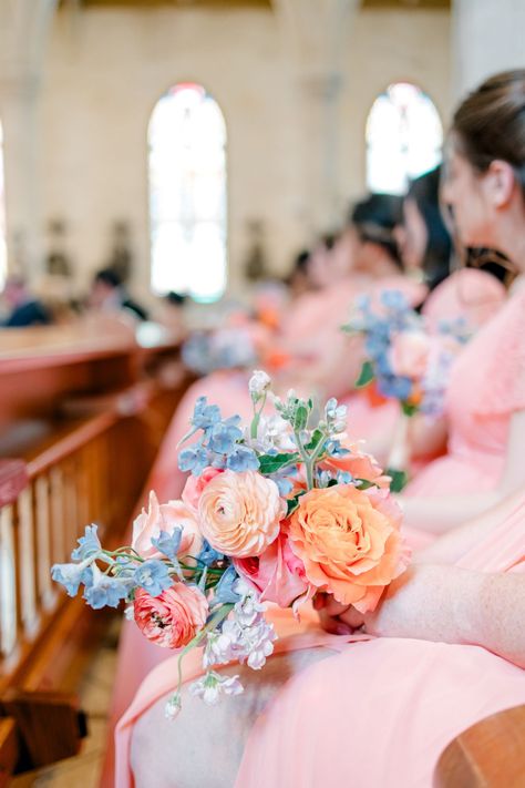 Colorful garden-like bouquet at The Briscoe | Lavender clematis, salmon dahlia, coral dahlia, light blue delphinium, blue muscari, coral peony, coral and apricot ranunculus, miss piggy rose | Photo by: Allison Jeffers Photography | Scarlet Rose Events Apricot Ranunculus, Tulip Bridesmaid Bouquet, Lavender Clematis, Light Blue Delphinium, Bouquet Shapes, Blue Muscari, Coral Dahlia, Delphinium Blue, Coral Peony