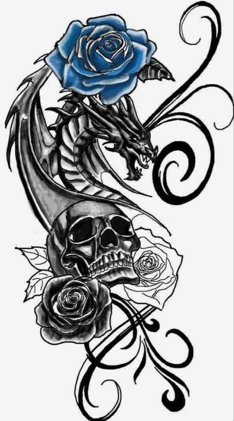 Skull Tattoo Designs For Women, Skull And Dragon Tattoo, Dragon With Roses Tattoo, Couple Tattoos Dragon, Cool Tattoos For Women Half Sleeves, Dragon And Rose Tattoo, Tattoo Ideas Female Skull, Gothic Dragon Tattoo, Dragon Skull Tattoo