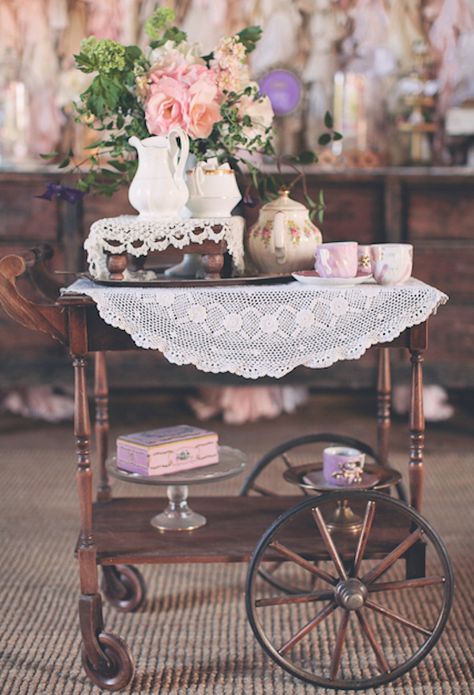 Vintage Tea Cart - Sweet Possibilities for a wedding planner. Vintage Tea Cart, Vintage Tea Parties, Tea Trolley, Tea Cart, Vintage Tea Party, Afternoon Tea Parties, Tea Party Garden, English Tea, My Cup Of Tea