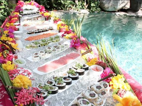 Love sushi.   See more of my personal sushi posts on: https://www.instagram.com/explore/tags/kisforkanilovessushi/ Landscaping Pool Area, Pool Entertainment Area, Pool Entertaining, Pool Decorating Ideas, Sushi Catering, Necker Island, Sushi Buffet, Pool Area Ideas, Bora Bora French Polynesia