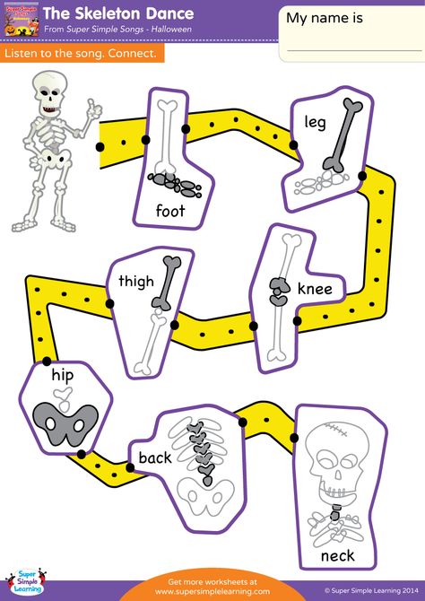 The Skeleton Dance | Super Simple Songs Skeleton Activities, Skeleton Worksheet, The Skeleton Dance, Halloween Worksheet, October Preschool, Kindergarten Esl, Simple Songs, Yoga Kids, Super Simple Songs