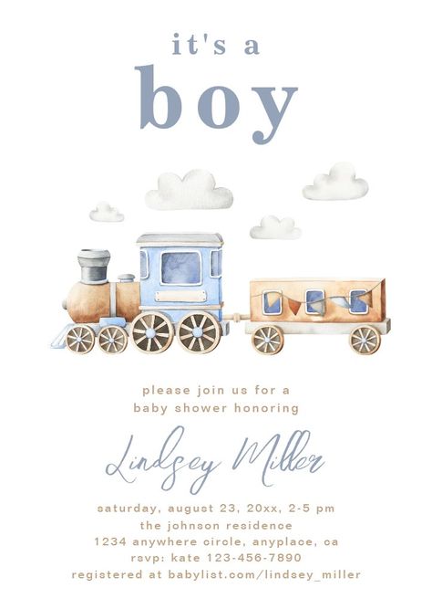 Watercolor Train Baby Shower Invitation Vintage Baby Boy Shower Ideas, Train Baby Shower Theme, Boy Shower Ideas, Baby Boy Shower Ideas, Train Baby Shower, Vintage Baby Boys, Train Theme, Vintage Train, Baby Shower Theme