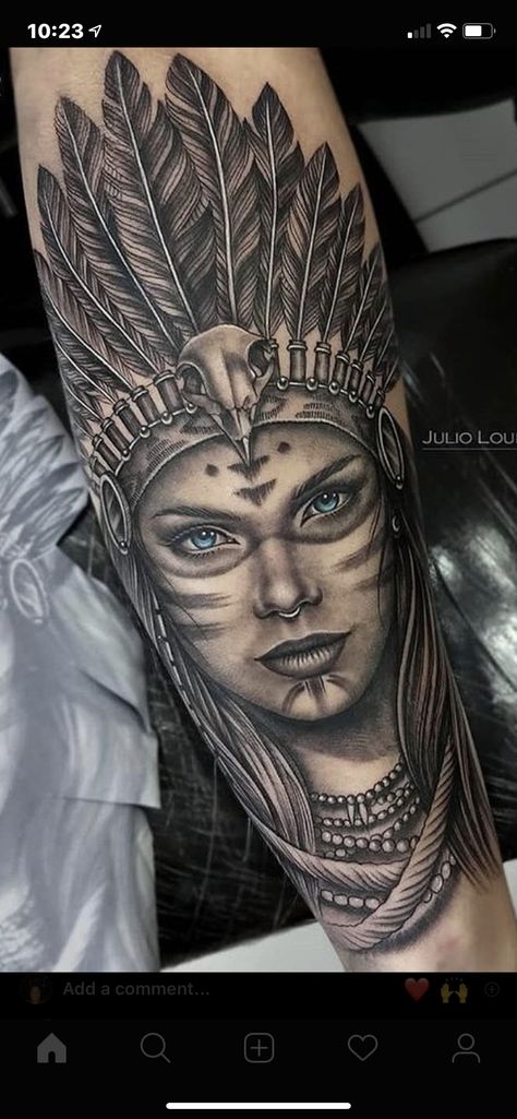 Indian Women Tattoo, Native Indian Tattoos, Indian Girl Tattoos, Native American Tattoo Designs, Indian Tattoo Design, Headdress Tattoo, Catrina Tattoo, Native American Tattoo, Native American Tattoos