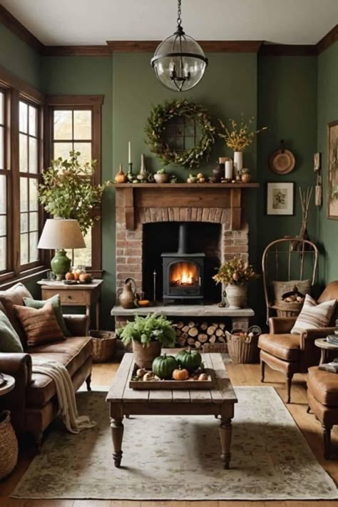 Fall Cottage Interior, Autumn Lounge Decor, Autumn House Aesthetic, Cozy Farmhouse Living Room, Casa Country, Green Living Room, Cottage Living Rooms, Primitive Decorating Country, Living Room Green