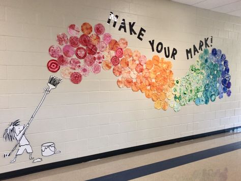 We made our mark @ Mountain View Elementary, Marietta, GA Make Your Mark Bulletin Board, Kindness Mural, Elementary School Murals, Classroom Art Wall, The Dot Activities, Preschool Wall Art, Leaf String Art, Dot Activities, String Art Wall