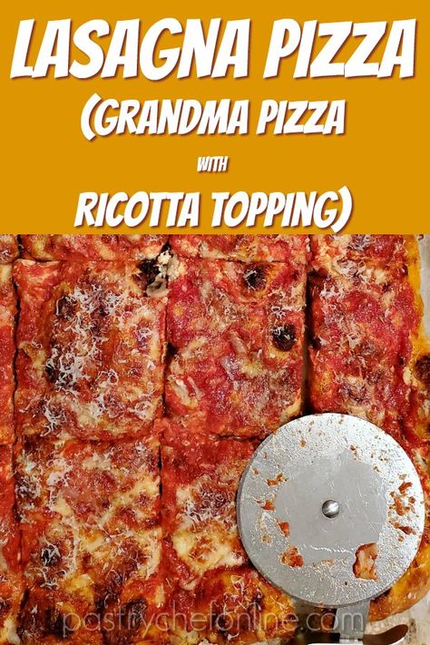 If your favorite part of lasagna is the ricotta topping, you will love this lasagna pizza. A puffy pan pizza topped with a ricotta spread, mozzarella, and fontina cheese, this ricotta pizza is a vegetarian cheese pizza several cuts above Chuck E. Cheese! Make the best homemade pizza for pizza night with this delicious pizza recipe! #pizza #lasagnapizza #cheesepizza #ricottapizza #homemadepizza #pizzanight #pastrychefonline Lasagna Pizza Recipe, 3 Cheese Lasagna, Grandma Pizza, Ricotta Spread, Café Kitchen, Homemade Pizza Night, Lasagna Pizza, The Best Homemade Pizza, Grandma Pie