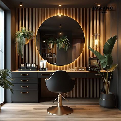 Beauty Salon Makeup Station, Medspa Bathroom, Dark Beauty Salon Aesthetic, Small Studio Salon Ideas, Moody Hair Salon Aesthetic, Black And Gold Salon Decor, Makeup Studio Decor Ideas, Modern Barber Shop Ideas Interior Design, Black Salon Suite