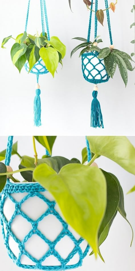 Simple Crochet Plant Hanger, Crochet Hanging Pot Holder, Free Crochet Plant Hanger, Cotton Yarn Crochet Patterns, Crochet Jute Basket, Crochet Plant Hangers, Basket Bathroom Storage, Fruit Hammock, Basket Kitchen Storage