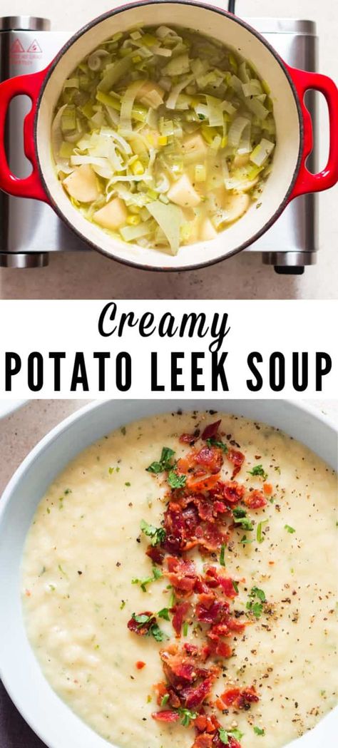 Potatoe Leek Soup Recipe, Imbolc Recipes, Potato And Leak Soup, Leek And Bacon Soup, Soup Without Cream, Creamy Potato Leek Soup, Potato And Leek Soup, Leeks Soup Recipes, Creamy Soup Recipes