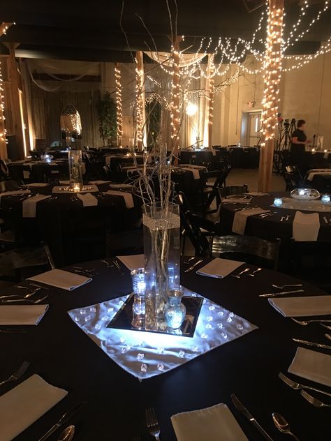 Good example of non floral centerpieces in black, white, and silver. Silver And Black Centerpieces, Non Floral Centerpieces, Black Centerpieces, Glitz And Glamour, Casino Party, Floral Centerpieces, Wedding Centerpieces, Wedding Inspo, Mom And Dad