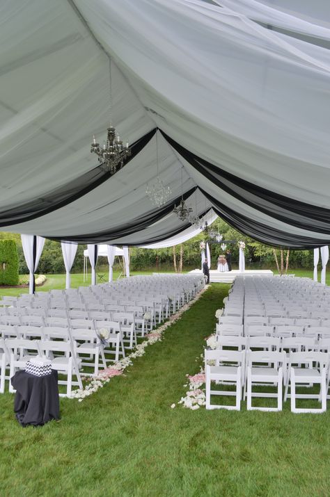 Black & White Drapery - #tenting #tented #fabricswag #fabricdrape #blackandwhite #chandeliers #eventdecor #MichiganWeddings #WeddingDecor #ColonialEvents Party Tent Decorations, Outside Wedding Ceremonies, White Gazebo, White Drapery, Gazebo Tent, Cow Birthday, Black Church, Tent Decorations, Event Decorations