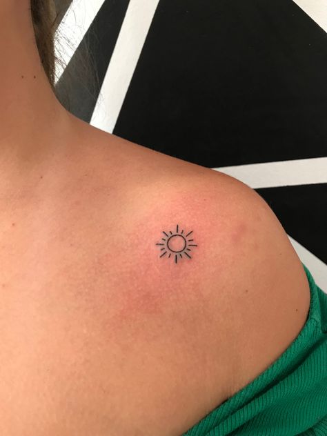 Mini Sunshine Tattoo, Tattoo Ideas Sunshine, Sun Tattoo Placement For Women, Inner Elbow Sun Tattoo, Small Sunshine Tattoo Simple, Sun Angel Tattoo, Sun Collar Bone Tattoo, Sunshine Tatoos Ideas, Very Small Tattoos For Women