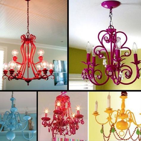 Recycling Paints, 25 DIY Color Decorating and Painting Ideas Spray Painted Chandelier, Bathroom Lighting Diy, Purple Chandelier, Painted Chandelier, Chandelier Makeover, Colorful Chandelier, Lighting Diy, Cheap Chandelier, Chandelier Decor