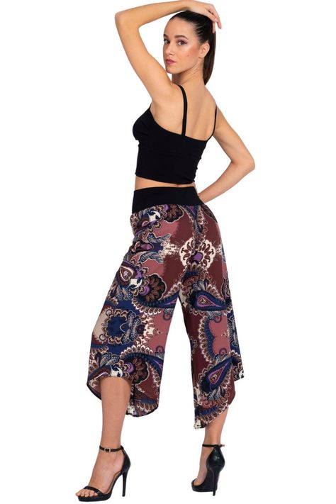 Argentine Tango dance pants, Paisley print asymmetric cropped pants, Rumba performance pants, Lightweight airy fit pants, Bachata show pants by conDiva on Etsy Tango Dancing, Dance Crop Tops, Tango Skirt, Tango Outfit, Tango Dance, Argentine Tango, Dance Pants, Dance Skirt, Printed Midi Skirt