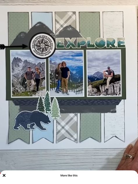 Cabin Scrapbook Layouts, Yellowstone Scrapbook Layouts, Outdoor Scrapbook Layouts, Mountain Scrapbook Layouts, Nature Scrapbook Layouts, Hiking Scrapbook Page Ideas, Alaska Scrapbook Pages, Hiking Layouts Scrapbooking Ideas, Camping Scrapbook Layouts