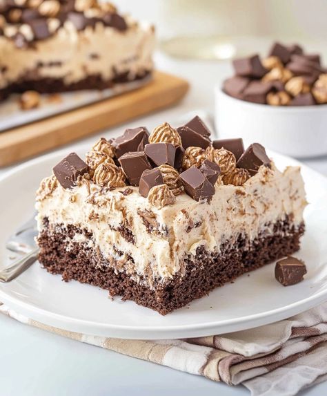 Reese’s Poke Cake Recipe Reeses Poke Cake Recipe, Peanut Butter Poke Cake, Eagle Brand Recipes, Poke Cake Recipe, Espresso And Cream, Chocolate And Peanut Butter, Poke Cake Recipes, Poke Cakes, Best Cake Recipes