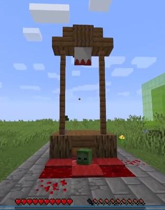 Mincraft Idea Houses Goth, Minecraft Food House Ideas, Castle Decor Minecraft, Minecraft Execution Stand, Horror House Minecraft, Haunted House Minecraft Build, Minecraft Gravestone Design, Dark Cottage Minecraft, Hallway Minecraft Ideas