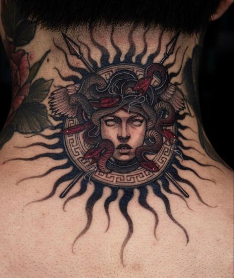 Medusa Shield Tattoo, Detailed Flower Tattoos, Metal Band Tattoos, Tattoos Guitar, Medusa Shield, Guitar Tattoos, Punk Tattoos, Tato Maori, Shield Tattoo